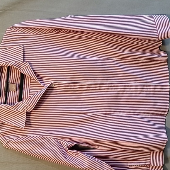 Ladies Striped Button Up Shirt Chico's 0 Long Sleeve Cuffed Pink Coolmax - Picture 1 of 4